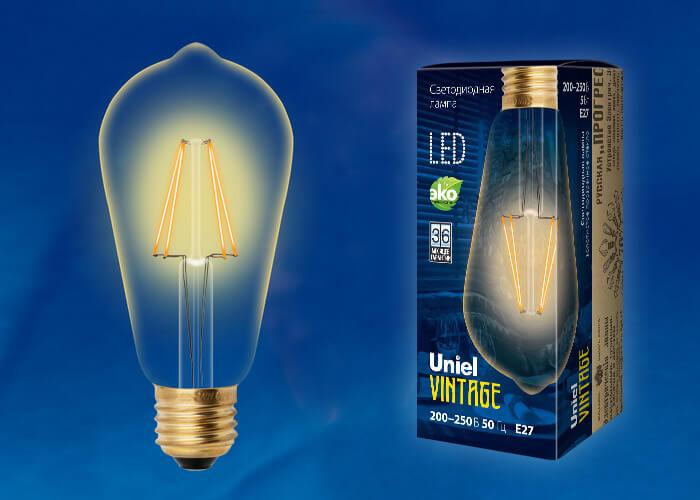 Лампа светодиодная филаментная (UL-00002360) Uniel E27 5W 2250K прозрачная LED-ST64-5W/GOLDEN/E27 GLV22GO