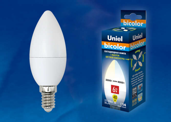 Лампа светодиодная (UL-00001570) Uniel E14 6W 4000K матовая LED-C37-6W/WW+NW/E14/FR PLB01WH