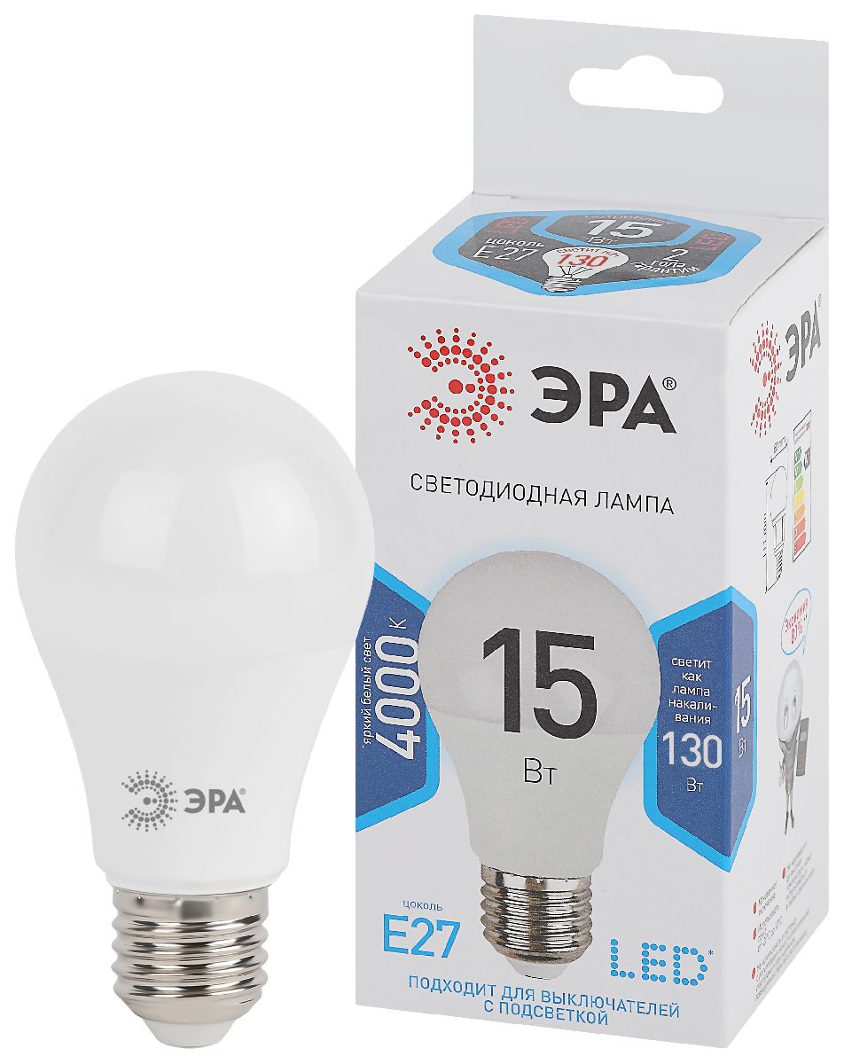Лампа светодиодная Эра E27 15W 4000K LED A60-15W-840-E27 Б0033183