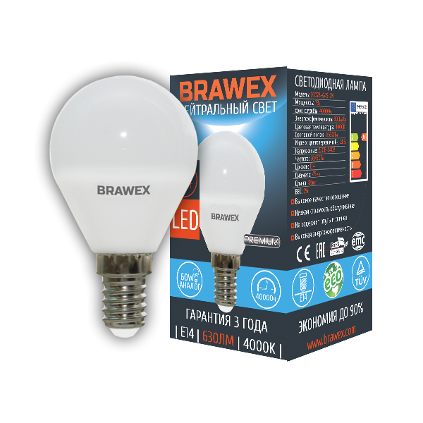 Лампа светодиодная Brawex шар матовый E14 7Вт 3000K 2007B-G45-7N