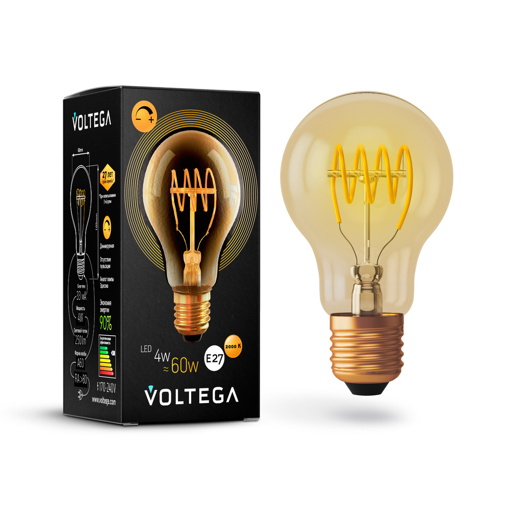 Лампа светодиодная диммируемая Voltega E27 4W 2800К груша прозрачная VG10-A60GE27warm4W-FB 7078