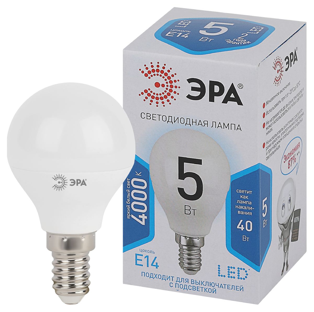 Лампа светодиодная Эра E14 5W 4000K LED P45-5W-840-E14 Б0028487