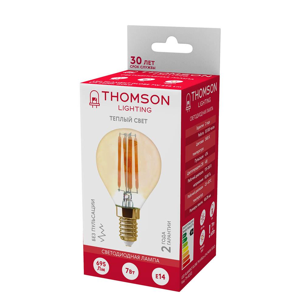 Лампа светодиодная филаментная Thomson E14 7W 2400K шар прозрачный TH-B2122