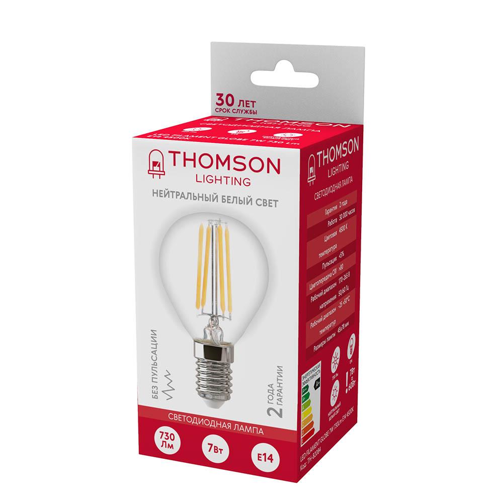 Лампа светодиодная филаментная Thomson E14 7W 4500K шар прозрачный TH-B2084