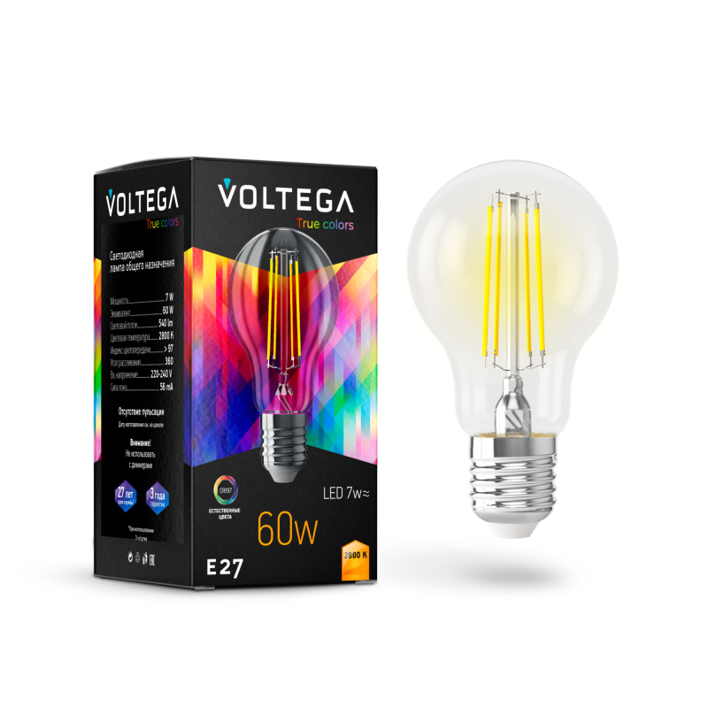 Лампа светодиодная филаментная Voltega E27 7W 2800K груша прозрачная VG10-A60E27warm7W-FHR 7154
