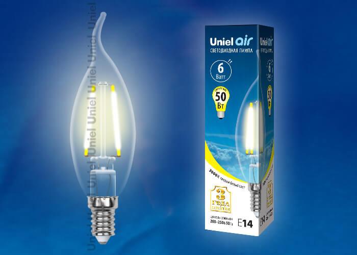 Лампа светодиодная филаментная (UL-00002198) Uniel E14 6W 4000K прозрачная LED-C35-6W/NW/E14/CL GLA01TR
