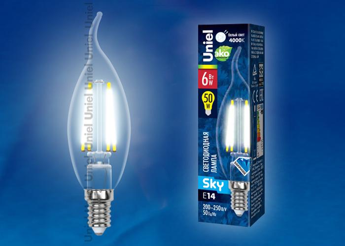 Лампа светодиодная филаментная (UL-00001373) Uniel E14 6W 4000K прозрачная LED-C35-6W/NW/E14/CL PLS02WH