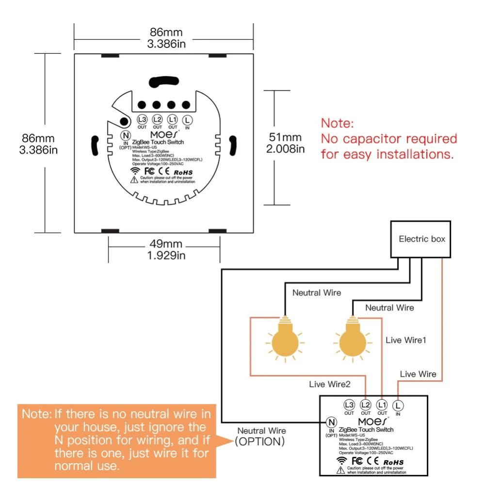 Выключатель Moes Gang Smart Switch Sensor w/o grounding 100-240 В ZS-EU3