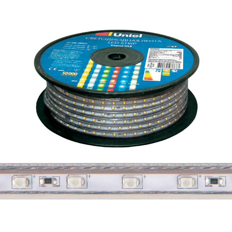 Светодиодная лента Uniel ULS-5050-60LED/m-16mm-IP67-220V-14,4W/m-50M-RGB бобина