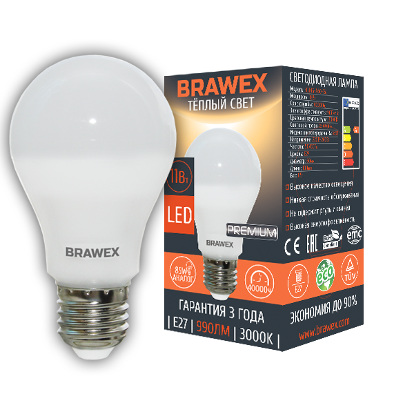 Лампа светодиодная Brawex груша матовая E27 11Вт 3000K 0307D-A60-11L