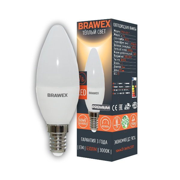 Лампа светодиодная Brawex свеча матовая E14 7Вт 3000K 0707G-B35-7L