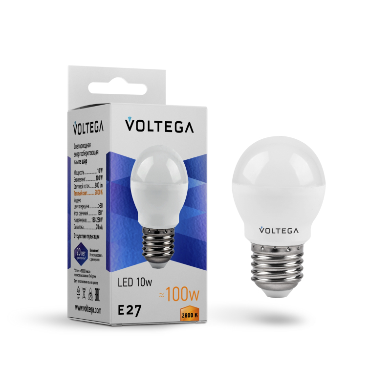 Лампа светодиодная Voltega E27 10W 2800K шар матовый VG2-G45E27warm10W 8455