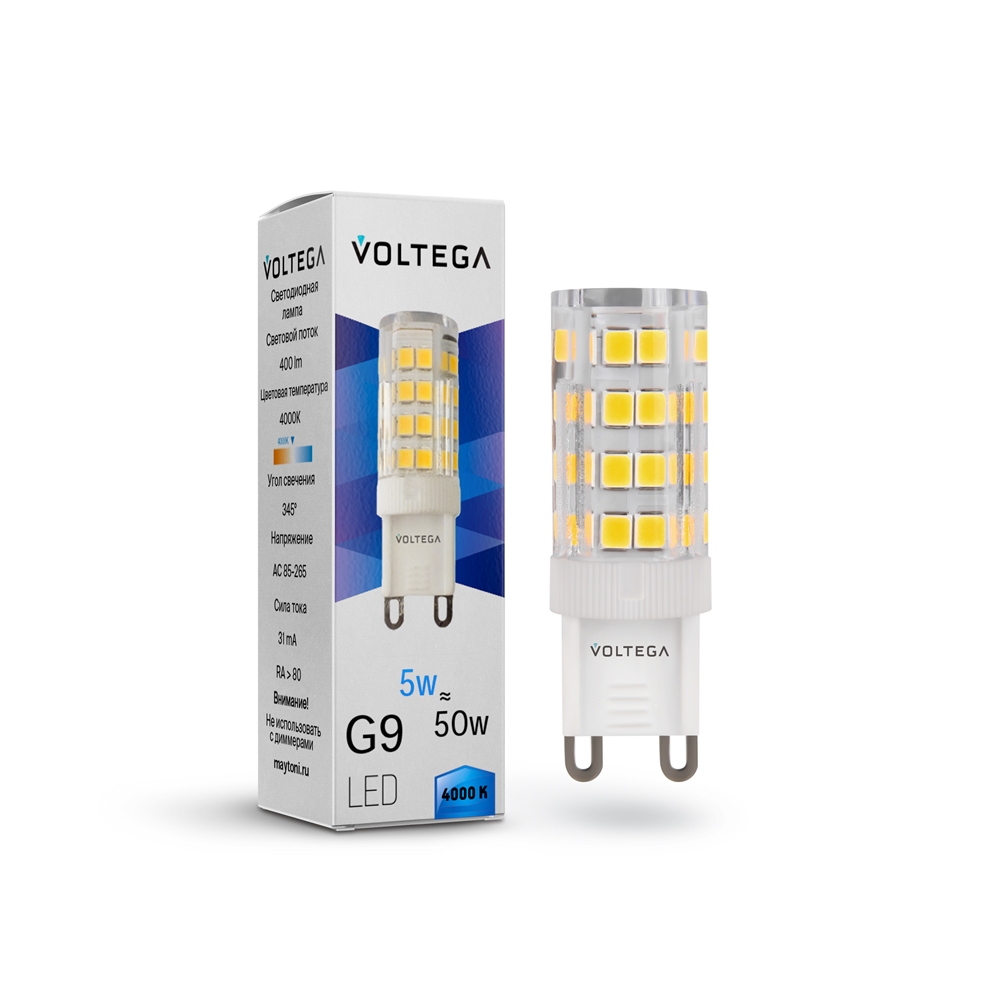 Лампа светодиодная Voltega G9 5W 4000K прозрачная 7186