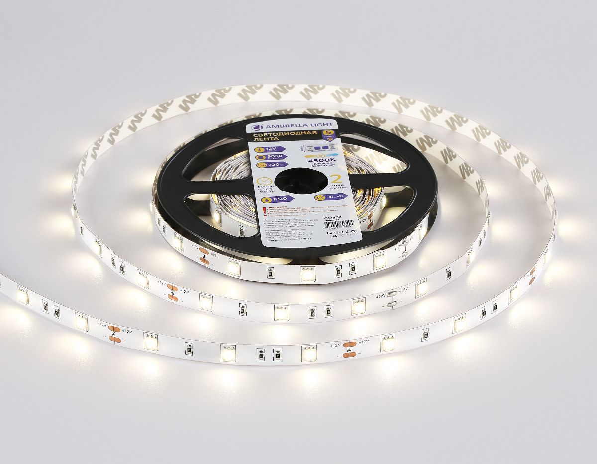 Светодиодная лента Ambrella Light LED Strip 12В 5050 7,2Вт/м 4500K 5м IP20 GS1802