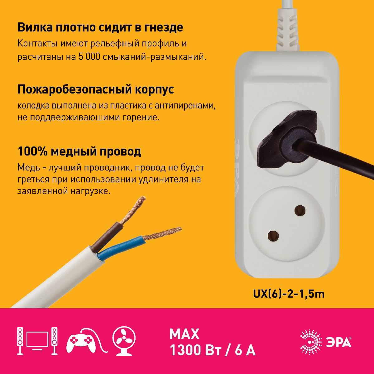Удлинитель электрический Эра UX(6)-2-1,5m Б0038564