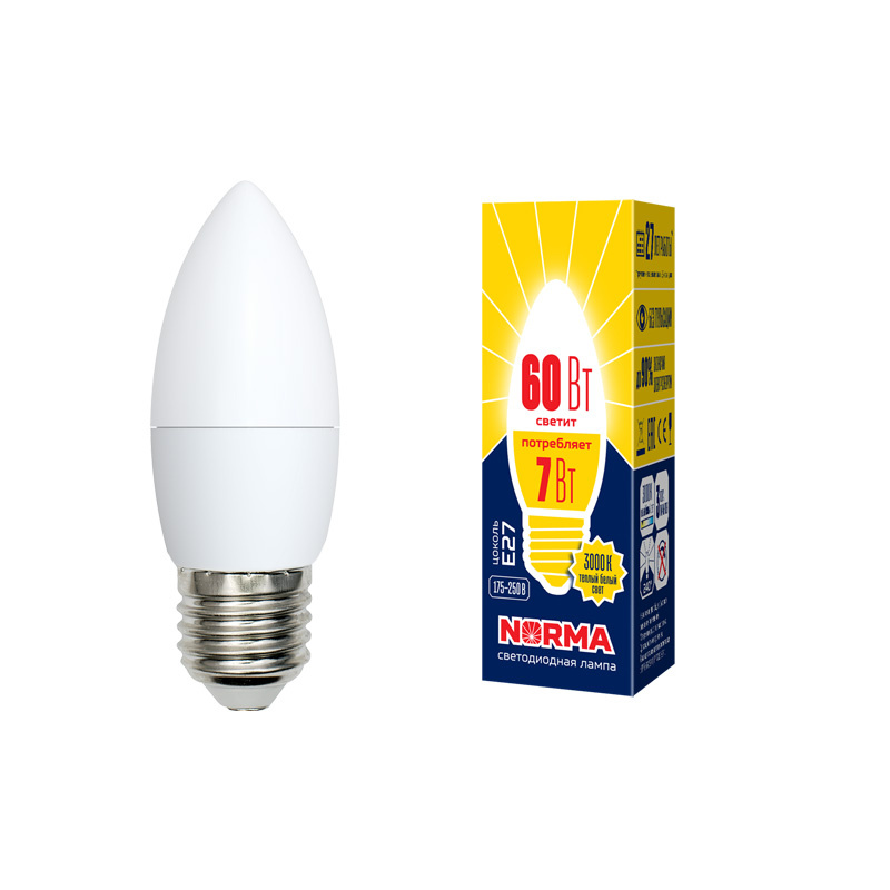 Лампа светодиодная (UL-00003799) Volpe E27 7W 3000K матовая LED-C37-7W/WW/E27/FR/NR