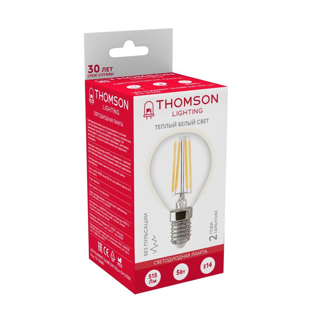 Лампа светодиодная филаментная Thomson E14 5W 2700K шар прозрачный TH-B2081