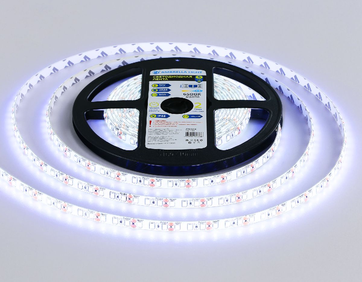 Светодиодная лента Ambrella Light LED Strip 12В 2835 9,6Вт/м 6500K 5м IP65 GS1203