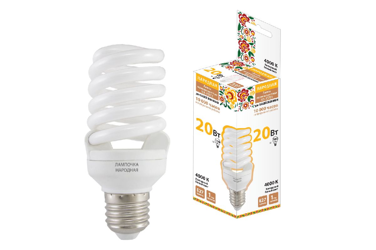 Лампа люминесцентная TDM Electric Народная E27 20W 4000K матовая SQ0347-0011