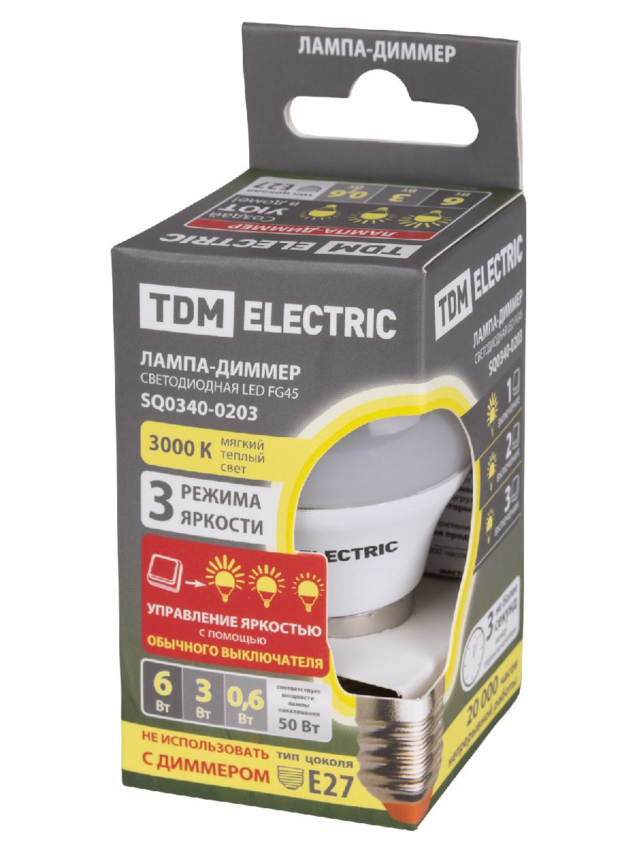 Лампа светодиодная диммируемая TDM Electric E27 6W 3000K прозрачная SQ0340-0203