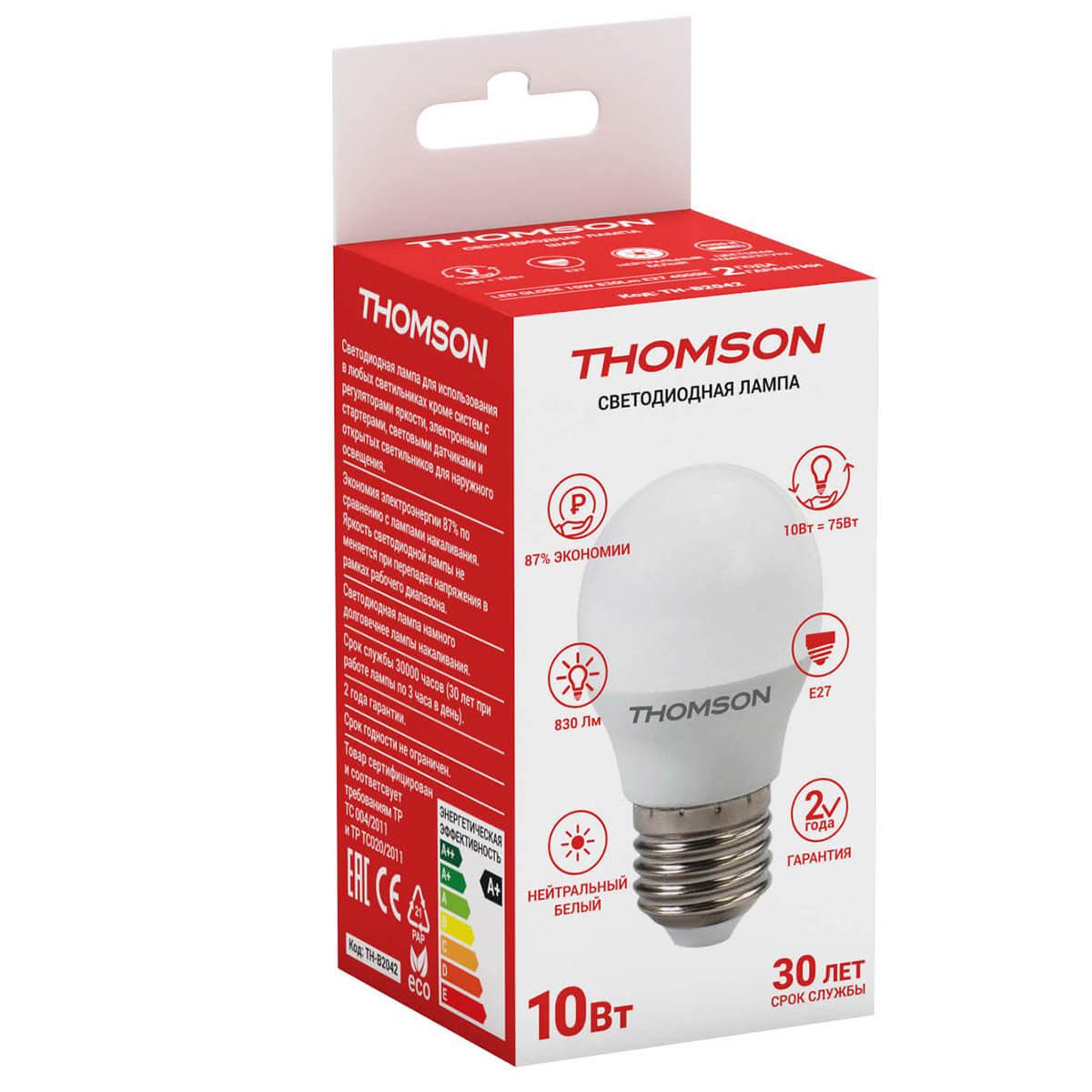 Лампа светодиодная Thomson E27 10W 4000K шар матовый TH-B2042