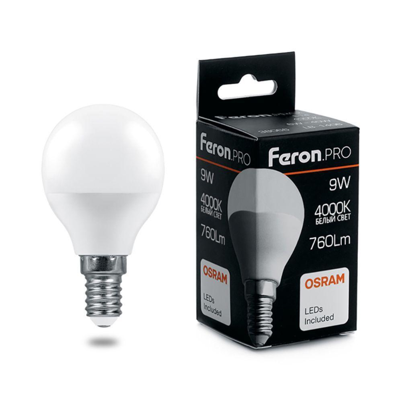 Лампа светодиодная Feron Pro E14 9W 4000K шар матовый LB-1409 38078