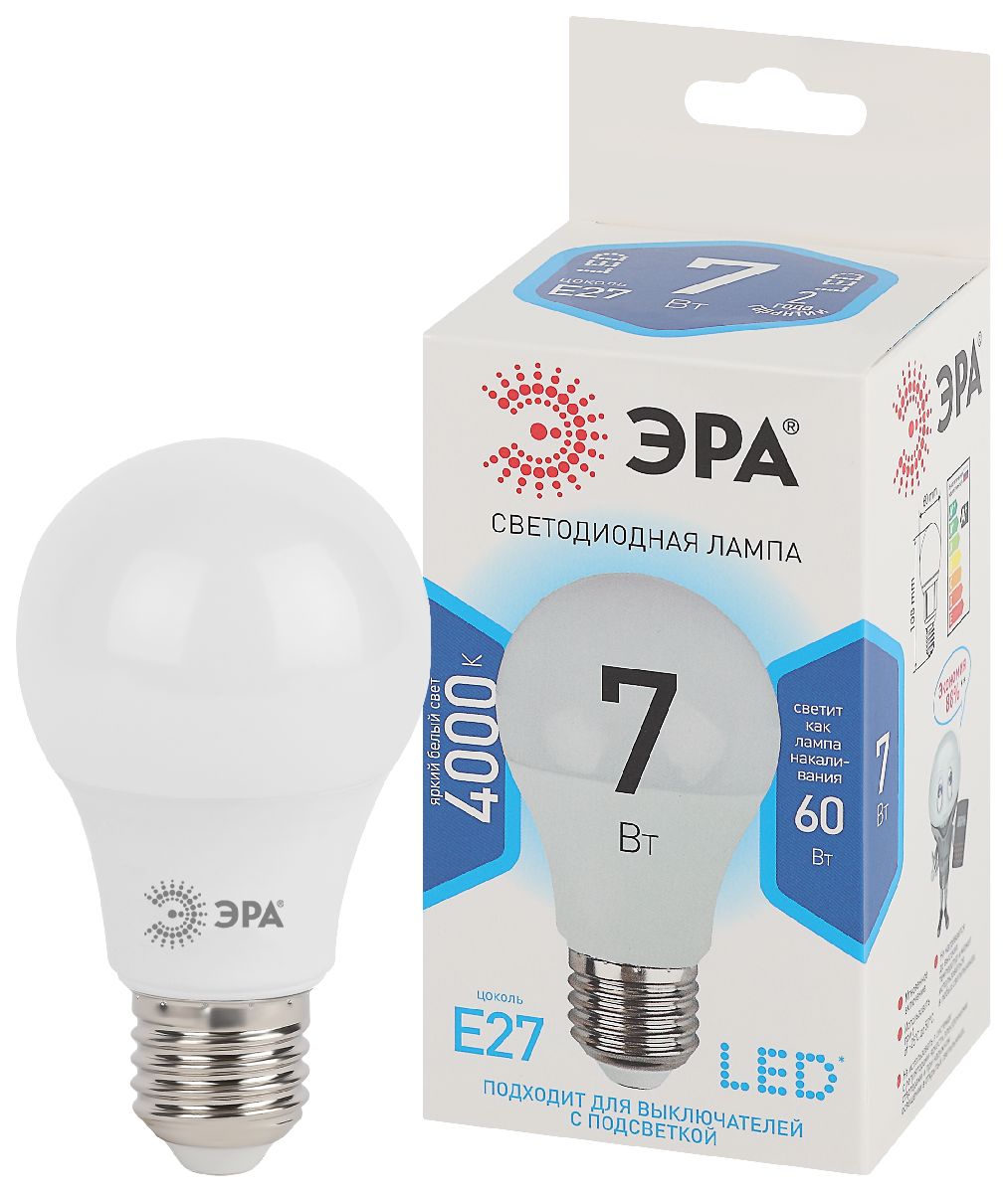 Лампа светодиодная Эра E27 7W 4000K LED A60-7W-840-E27 Б0029820