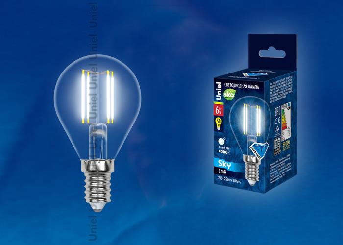 Лампа светодиодная филаментная (UL-00001370) Uniel E27 6W 4000K прозрачная LED-G45-6W/NW/E27/CL PLS02WH