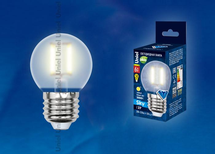 Лампа светодиодная филаментная (UL-00000199) Uniel E14 6W 3000K прозрачная LED-C35-6W/WW/E14/CL PLS02WH