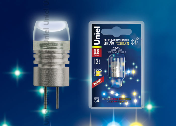 Лампа светодиодная (05855) Uniel G4 0,8W 4000K прозрачная LED-JC-12/0,8W/NW/G4 40lm
