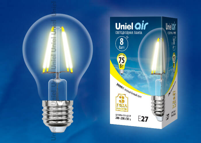 Лампа светодиодная филаментная Uniel E27 8W 3000K груша прозрачная LED-A60-8W/WW/E27/CL GLA01TR Набор из 5штук UL-00008080