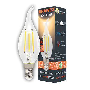 Лампа светодиодная Brawex филамент свеча на ветру прозрачная E14 5Вт 3000K 0707Q-B35F-5L