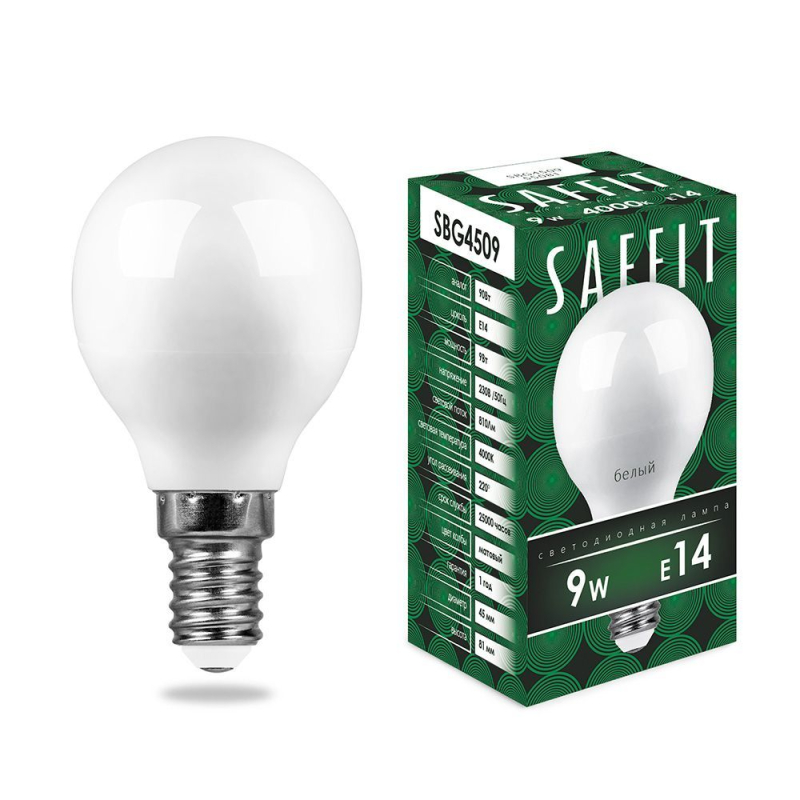 Лампа светодиодная Saffit SBG4509 шар E14 9W 4000K 55081