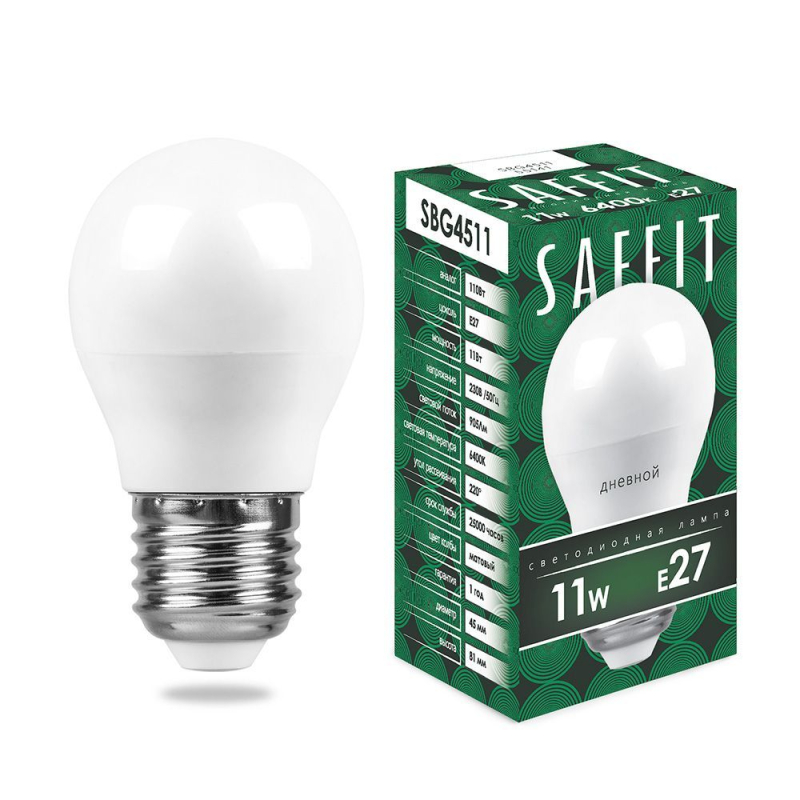 Лампа светодиодная Saffit SBG4511 шар E27 11W 6400K 55141