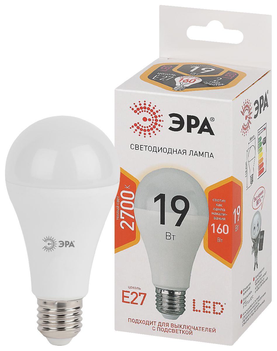Лампа светодиодная Эра E27 19W 2700K LED A65-19W-827-E27 Б0031702
