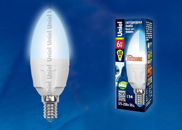 Лампа светодиодная (UL-00000689) Uniel E14 6W 4500K матовая LED-C37-6W/NW/E14/FR/DIM PLP01WH