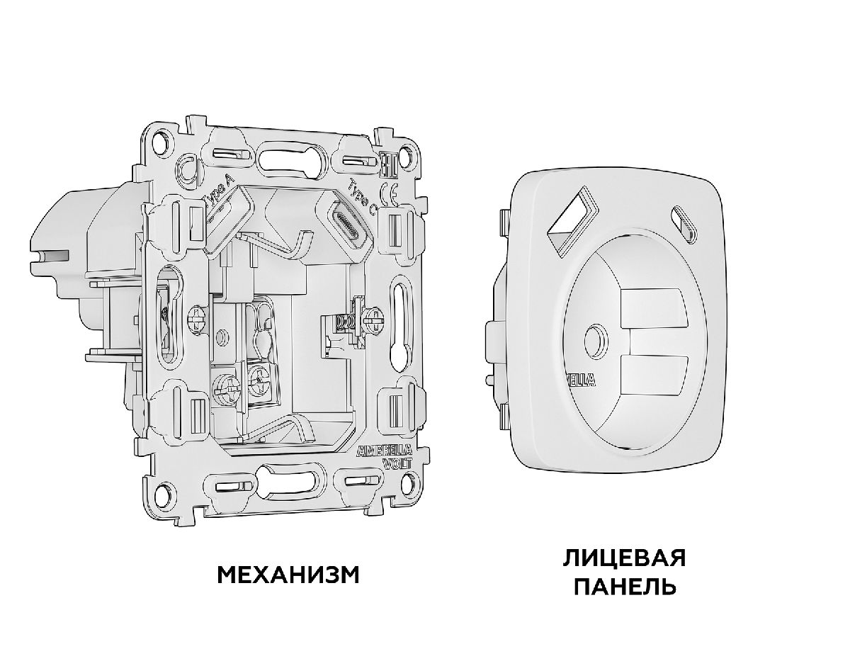 Комплект механизма розетки 2USB A+C 20W (быстрая зарядка) с/з Ambrella Volt Omega MO810010