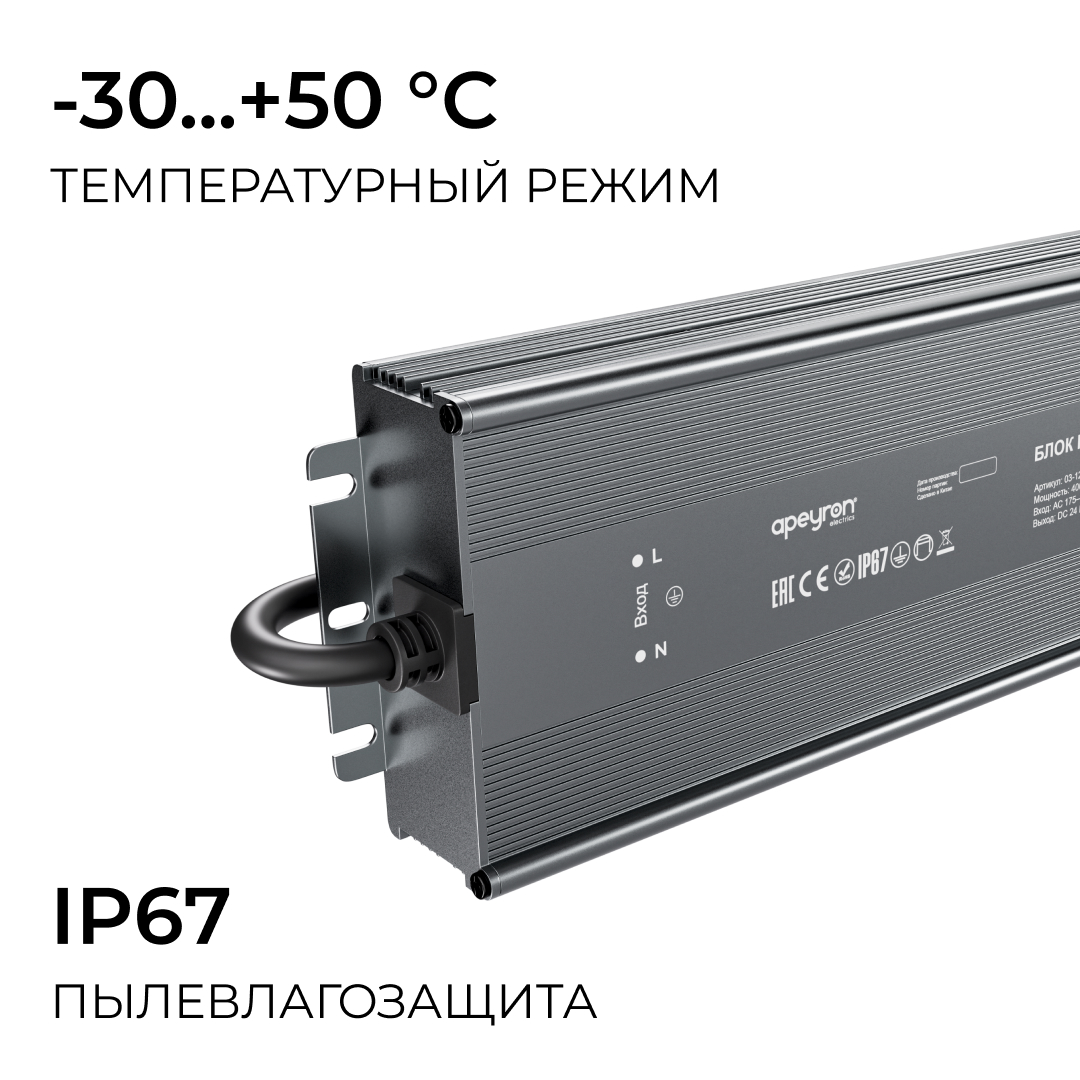 Блок питания Apeyron 24В 400Вт 175-265В 16,6А IP67 03-125