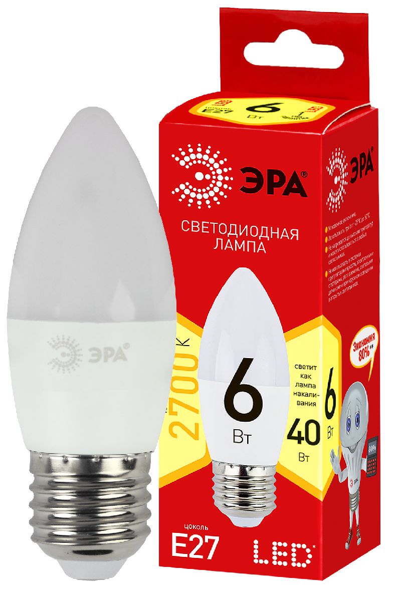Лампа светодиодная Эра E27 6W 2700K ECO LED B35-6W-827-E27 Б0020620