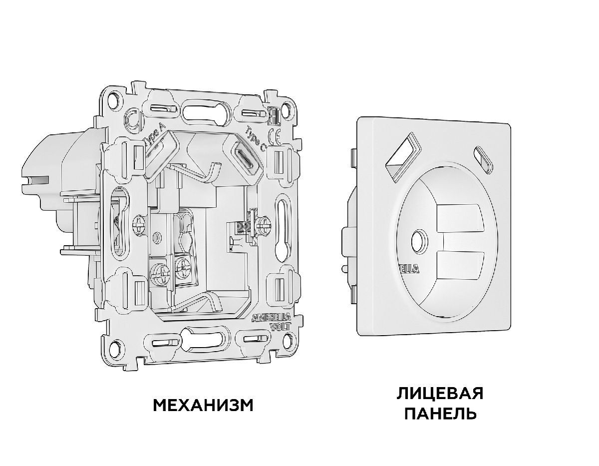 Комплект механизма розетки 2USB A+C 20W (быстрая зарядка) с/з Ambrella Volt Alfa MA410010