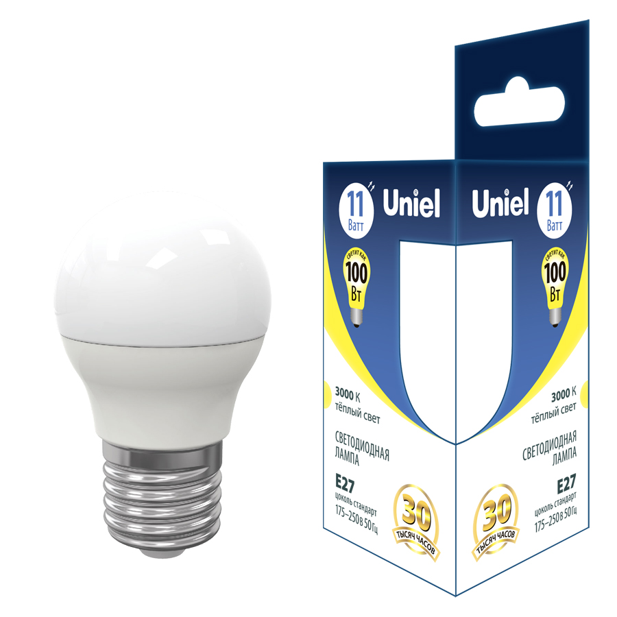 Лампа светодиодная Uniel E27 11W 3000K груша матовая LED-G45-11W/3000K/E27/FR PLS03WH UL-00006841