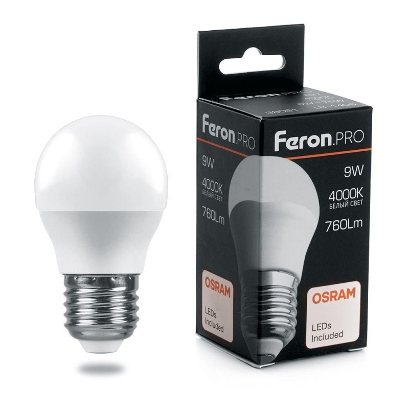 Лампа светодиодная Feron E27 9W 4000K шар матовый LB-1409 38081