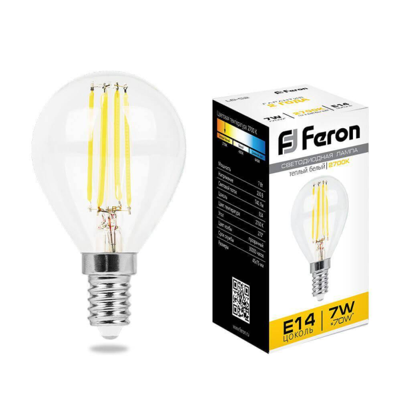 Лампа светодиодная филаментная Feron E14 7W 2700K Шар Прозрачная LB-52 25874 УЦ