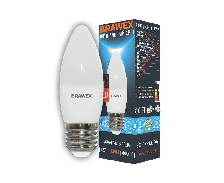 Лампа светодиодная Brawex свеча матовая E27 7Вт 4000K 0707E-B35-7N