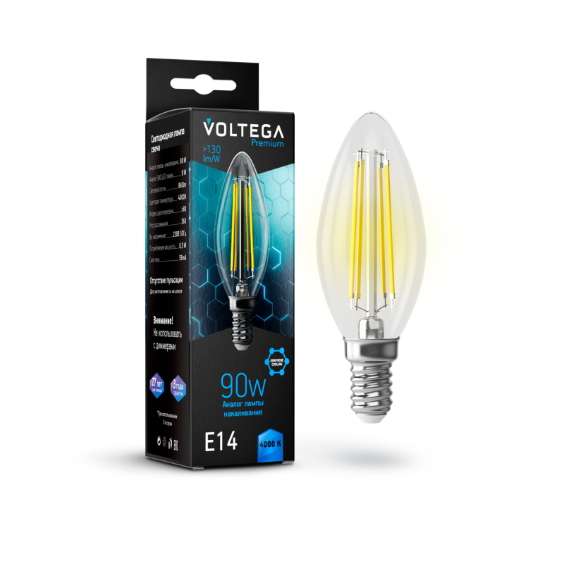 Лампа светодиодная Voltega E14 7W 4000K свеча прозрачная G10-C35E14cold9W-F 7135