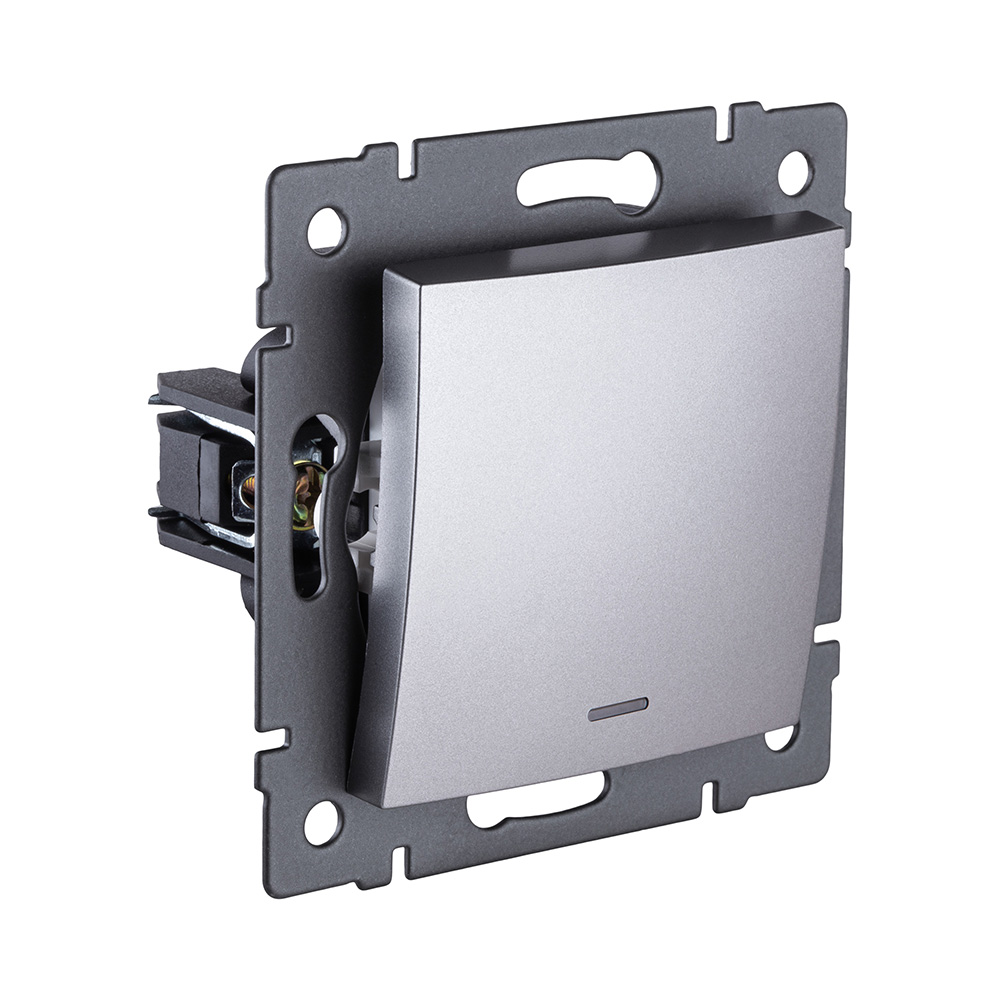 Выключатель кнопочный 1-клавишный 10А/250В с LED подсветкой, изогнутый, серый Kollinger REA-R-013GY для Aspekt, Eleganz, Reflex