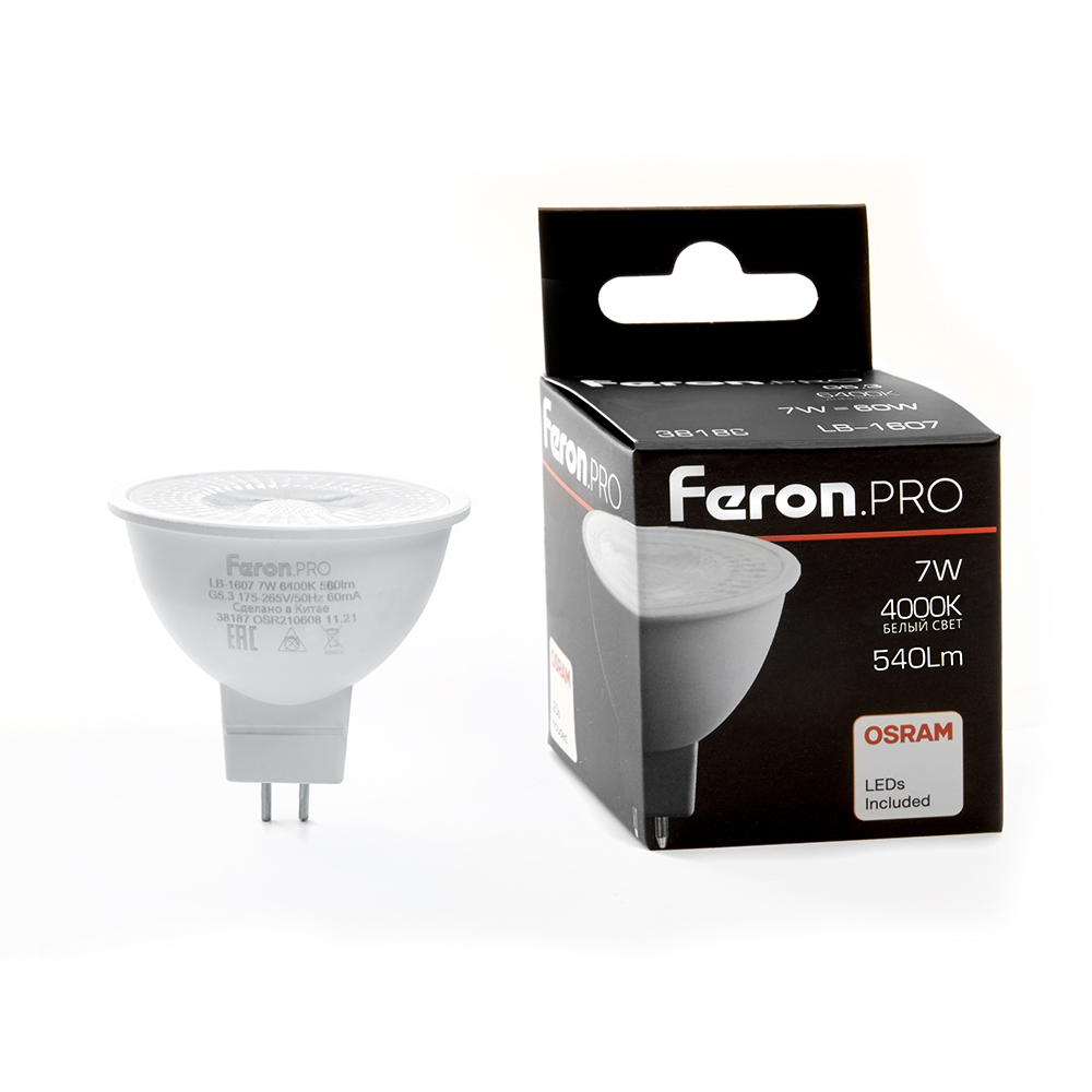 Лампа светодиодная Feron G5.3 7W 4000K рефлекторная LB-1607 38186