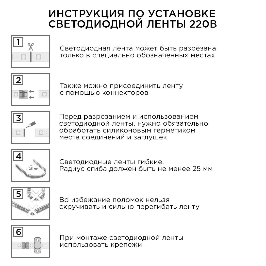 Комплект светодиодной ленты Apeyron 220В 4,8Вт/м smd3528/2835 60д/м IP65 300Лм/м 5м 6000К (сетевой шнур, заглушка, крепежи)  10-04