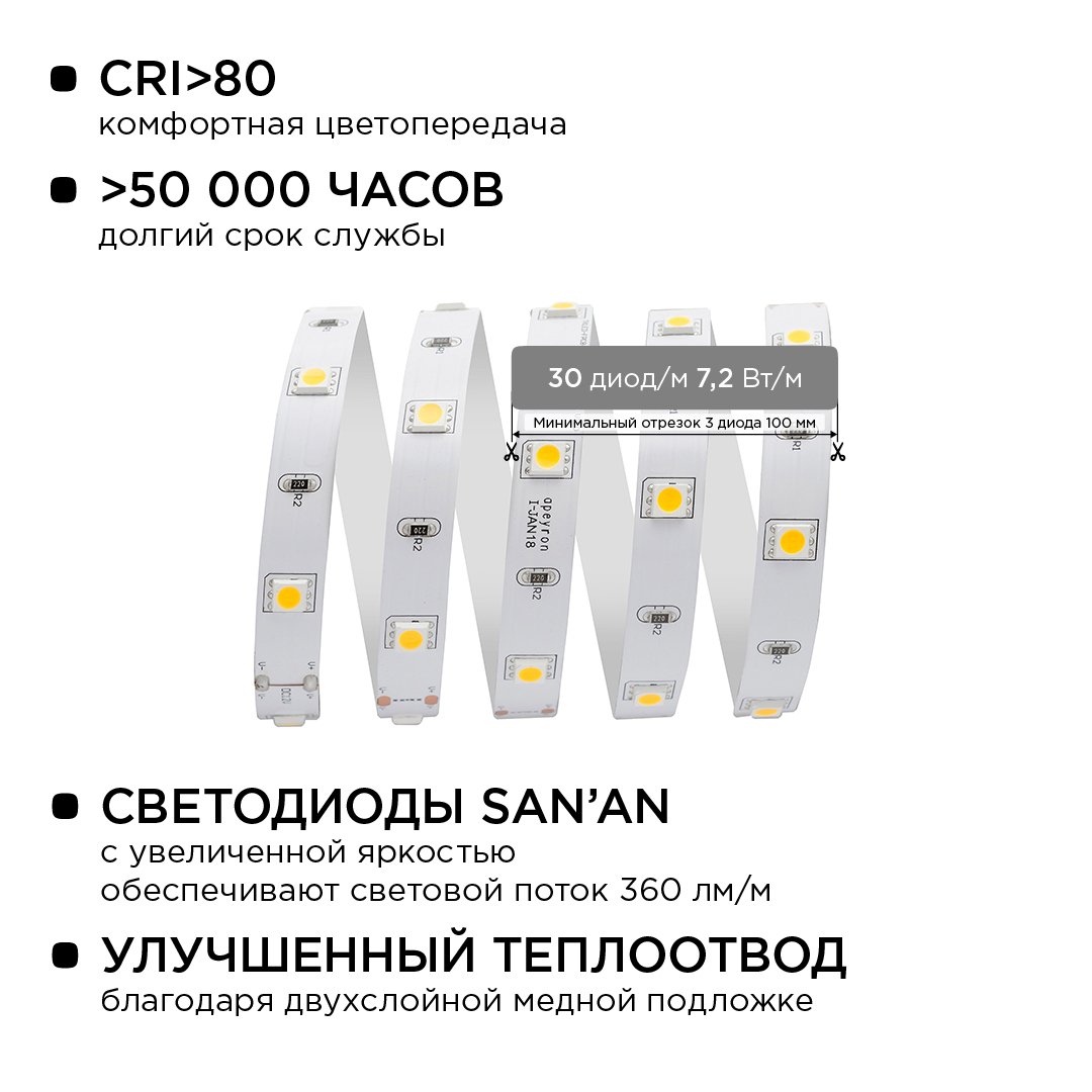 Комплект светодиодной ленты Apeyron 12В 7.2Вт/м smd 5050 30 д/м IP20 5м 3000K (блок, коннектор) 10-41