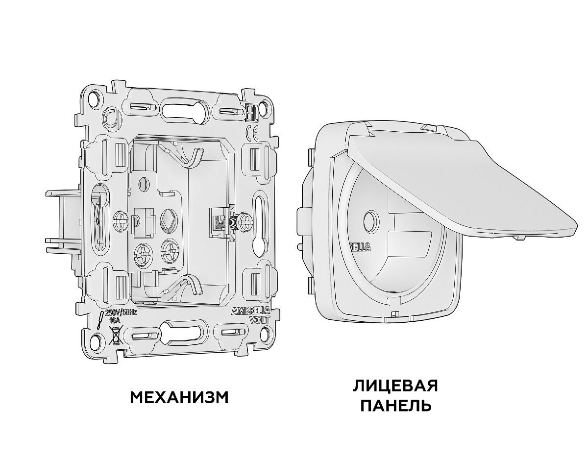 Комплект механизма розетки с/з со шторками и крышкой Ambrella Volt Omega MO608010